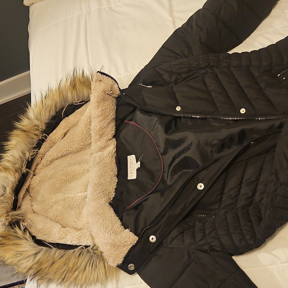 Long black fur hood coat.  Size Small